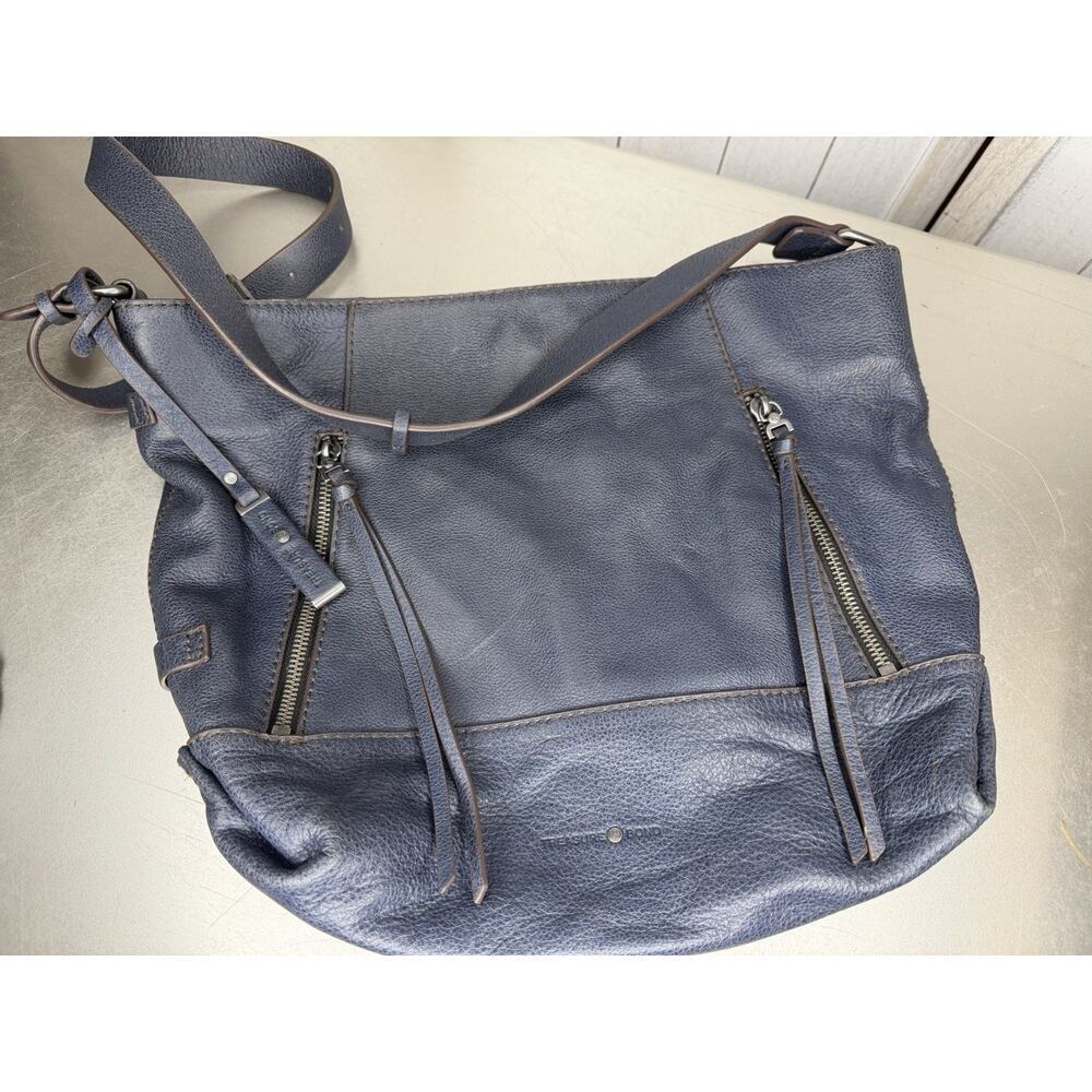 Treasure Bond Blue Pebbled Leather Shoulder Bag Tote Zipper Accent